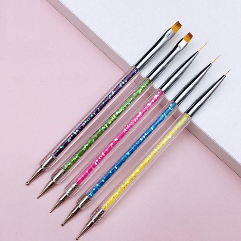 iFwevs Nail Art Brushes,5pcs Double Ended Brush & Dotting Tool Kit,Including Nail Liner Brush and Nail Dotting Pens for Nail Art Nail Salon - Image 2